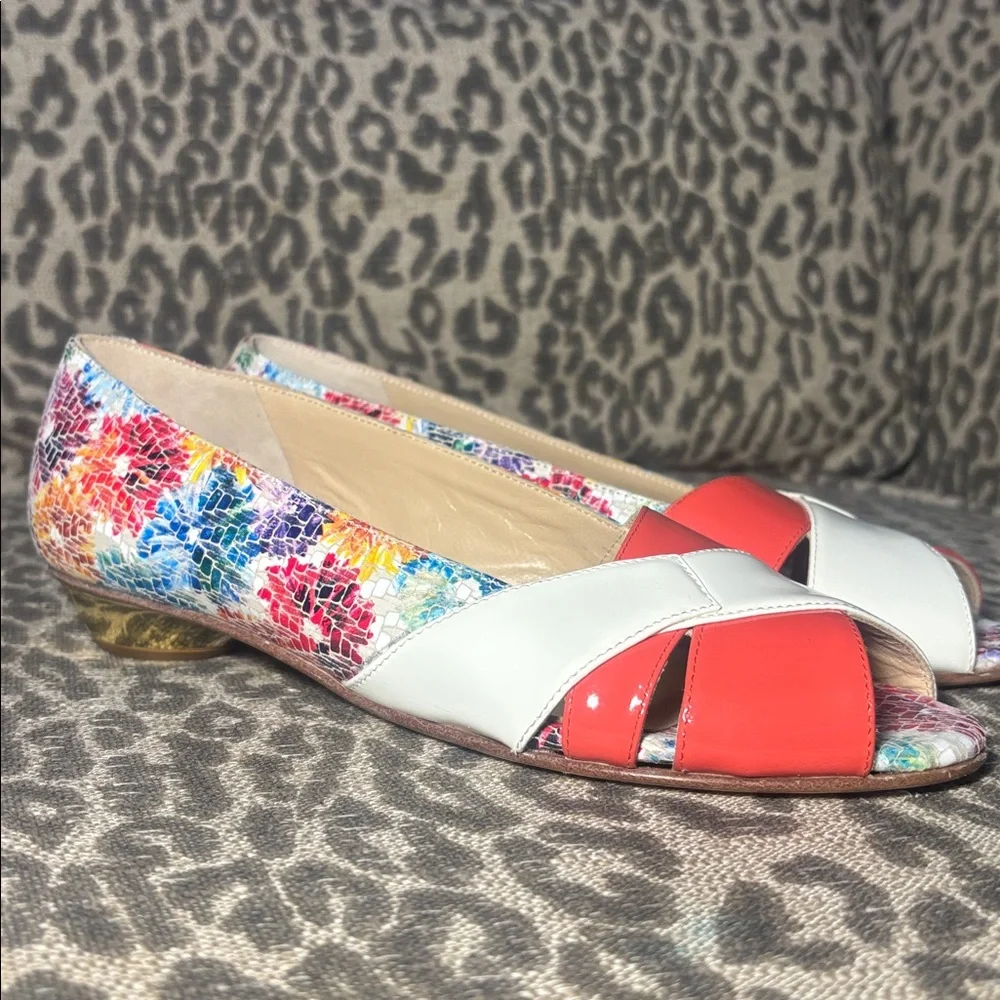 NWOT Amalfi patent leather open toe colorful Resortwear gold heel classic 7.5
